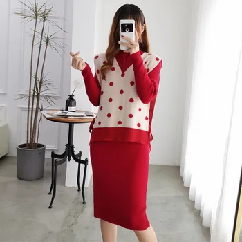 

Plus Size L-4XL Autumn Winter Womans Sweater Dress + Dot Vest Sets Female Casual Two-Pieces Suits Loose High Collar Knit Dresses