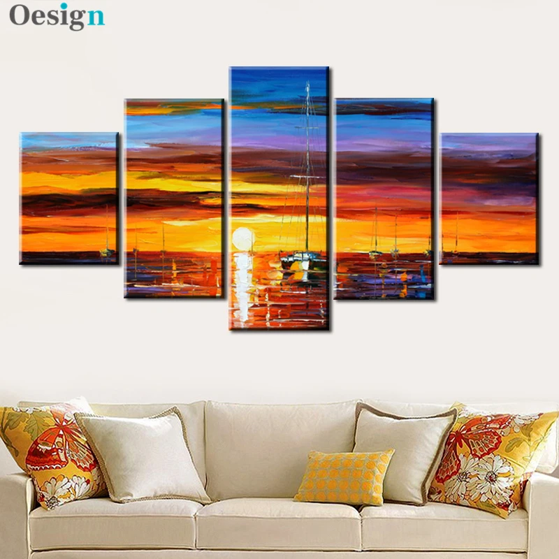 

5 Panels Canvas Painting Boat Sunset Landscape Posters and Prints Colorful Oil Painting Wall Pictures for Living Room Decor
