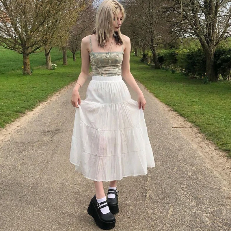 

Women Y2k Chic Pleated Skirts Sweet Kawaii Elastic Waist A Line Long Skirt Grunge Fairycore Party Holiday Skirt Retro Streetwear