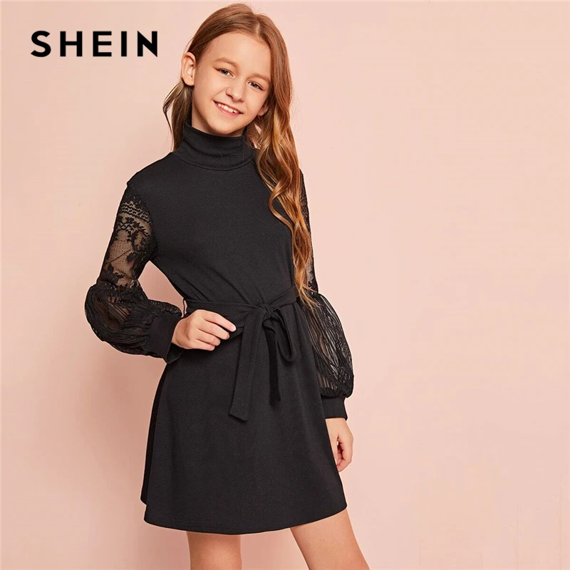 

SHEIN Kiddie Black High Neck Contrast Lace Girls Glamorous Belted Dress Kids 2020 Spring Bishop Sleeve Sheer Short Tunic Dresses