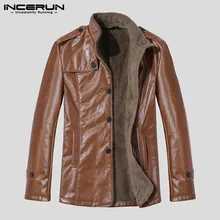 INCERUN новые модные мужские Куртки из искусственной кожи зимние пальто с длинными рукавами и лацканами деловые повседневные теплые куртки пальто Мужская Уличная одежда