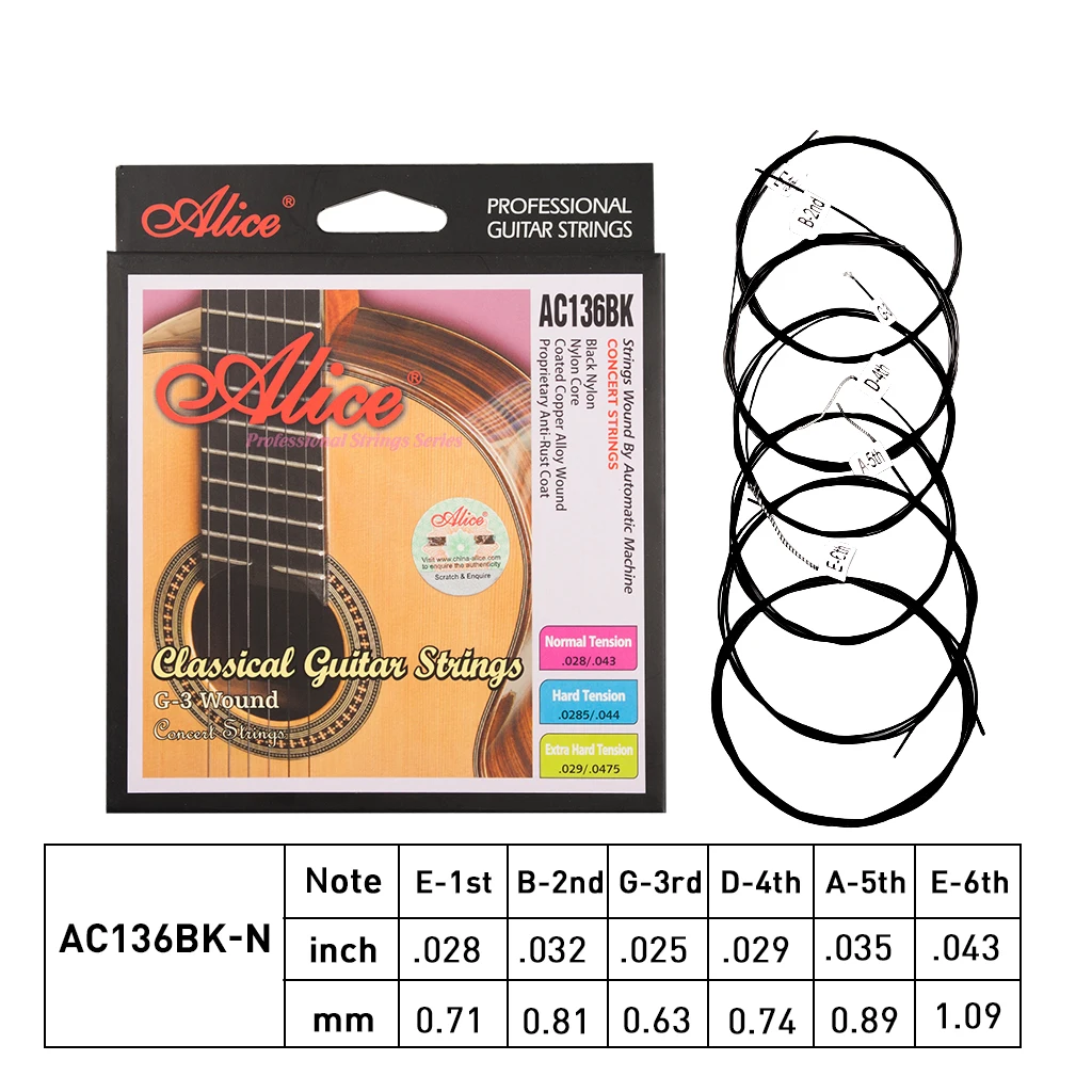 1 Set Alice Classical Guitar Strings Ac136bk With Black Nylon 6 Strings