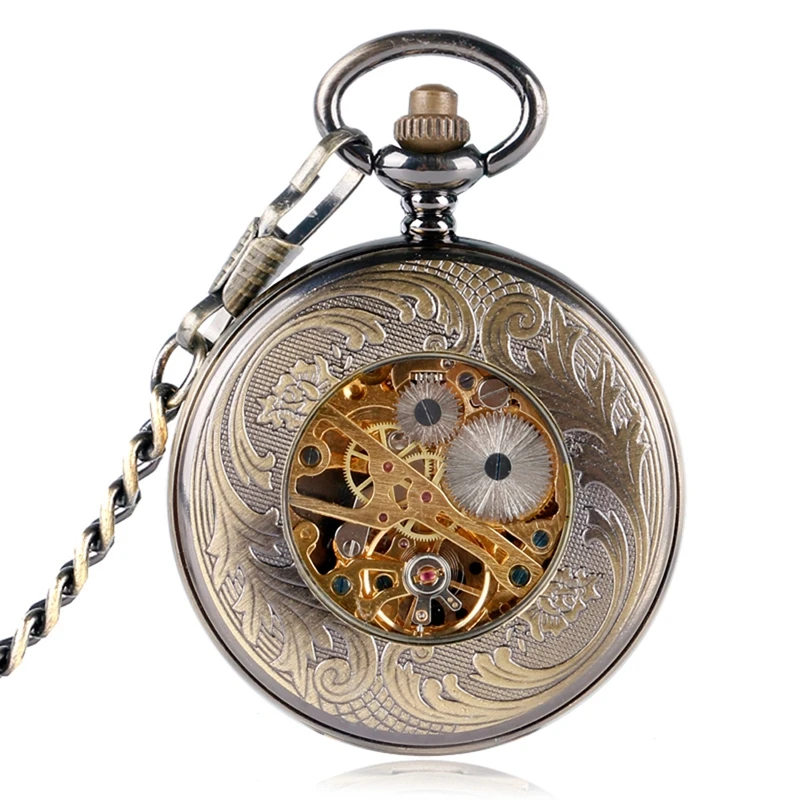 zakhorloge Shield Bronze Hand winding Mechanical Pocket Watches Roman Dial Clovk Skeleton Pendant Watch Neckalce Chain 2