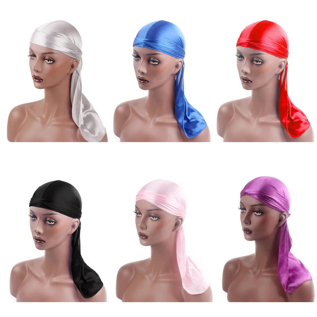 6pcs Soft Smooth Durag Waves Caps with Long Tail Wide Straps for Men and Women Hair Loss Chemo Beanie Wave Cap
