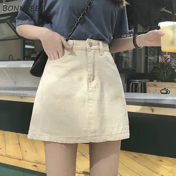 

Skirts Women Mini A-Line High Waist Solid Simple Zipper Button Pockets Slim Korean Style New Fashion Streetwear Womens All-match