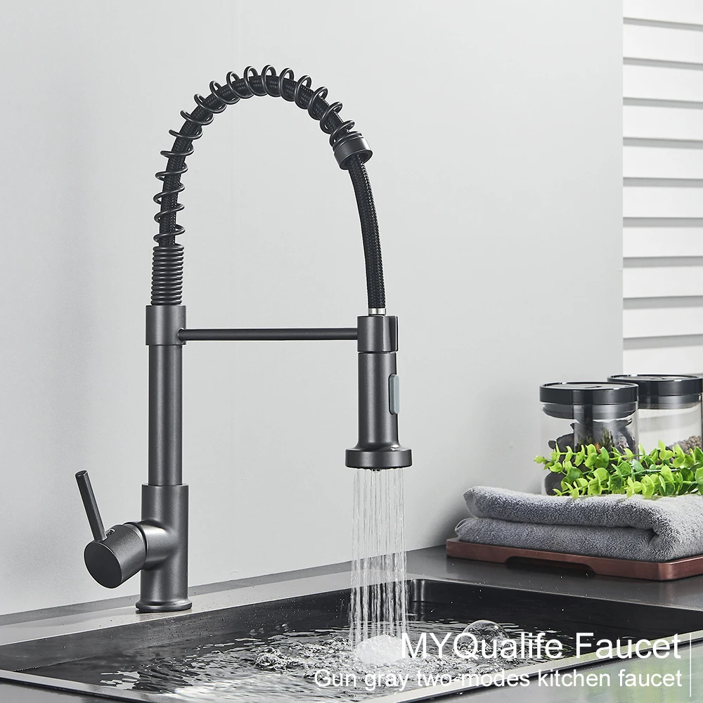 Silver Gray Kitchen Sink Faucet One Handle Spring Hot and Cold Water Tap  Deck Mounted Bathroom Matte Black Kitchen Crane - AliExpress