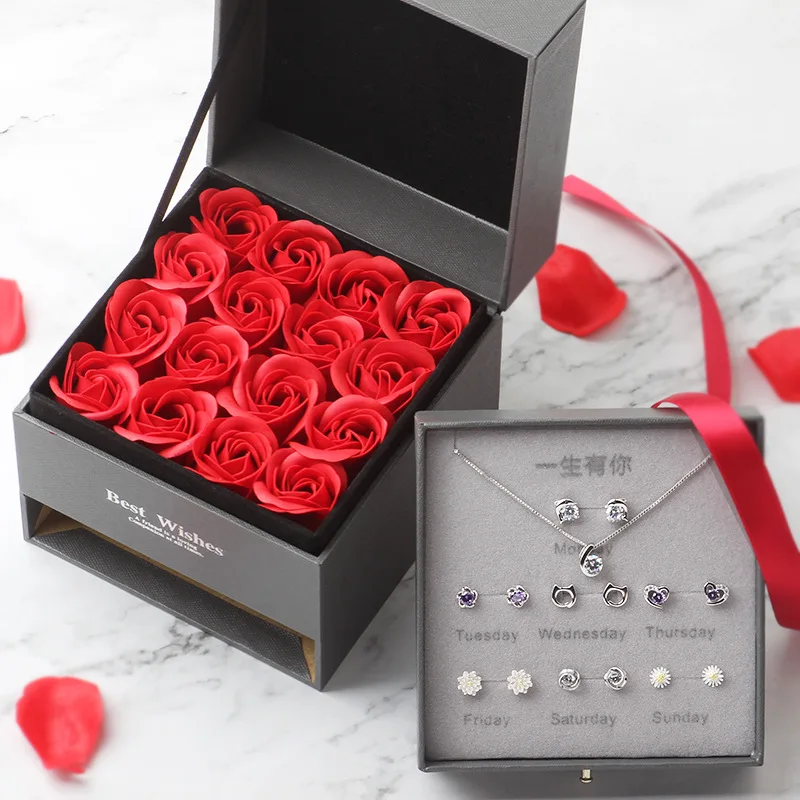 

Fashion Luxury Lady women 925 Silver Needle Earrings Party Dress Jewellery Girl Soap flower Gift Set With Box&Fast ship