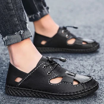 

Summer Sandals Men Leather Breathable Outdoor Walking Sandals Comfortable Fashion Mens Rubber Flip Flops Shoes Big Sizes 39-48
