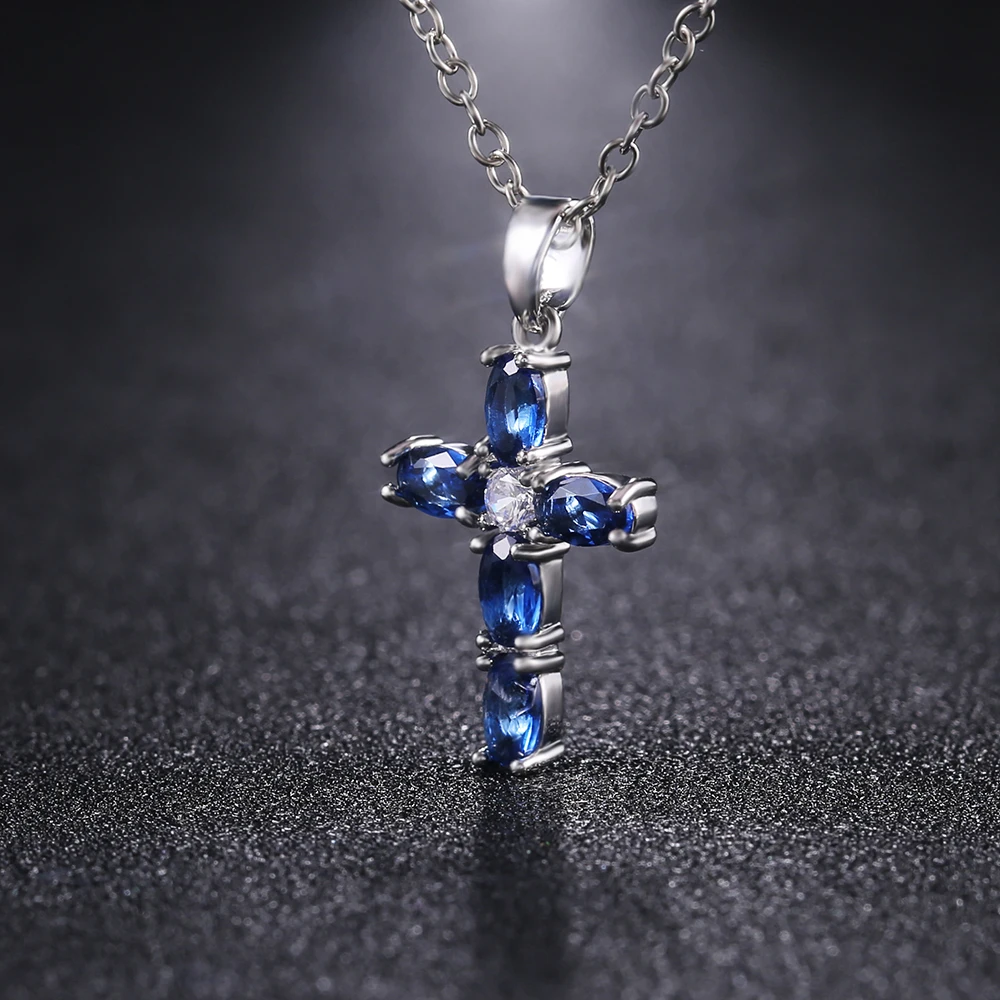 Huitan Fashion Oval Blue Stone Cross Pendent Delicate Women Necklace Daily Wear Anniversary Christmas Gift High Quality Jewelry