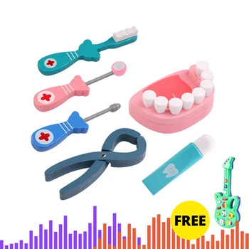 

6Pcs Woodern Dentist Playset Role Play Kit Kids Pretend Play Early Educational Toys For Kid Emulational Dental Tool Set Toy