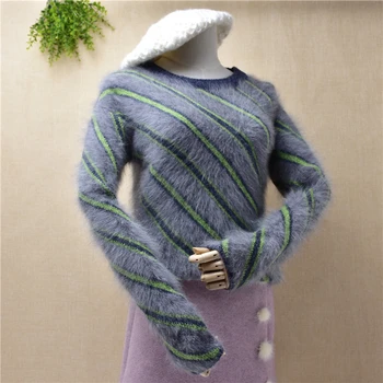 

Fashion Women Sweater mink cashmere High Quality Small Size slim Diagonal stripes Winter Female Casual Pullover Knitted blouses