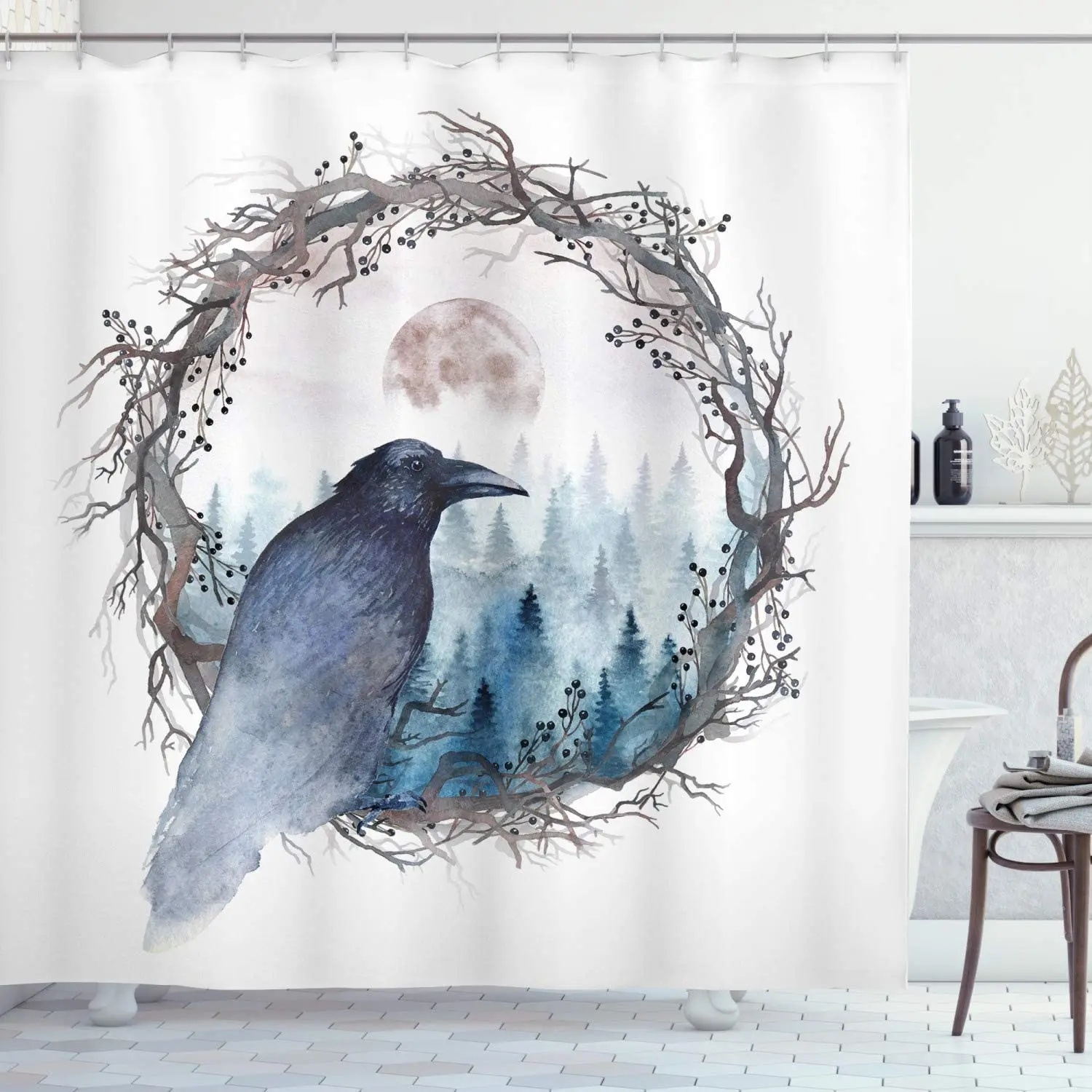 Black Crow Shower Curtain Fine Art Paint Bird with Foggy Winter Forest in Fog Round Branch