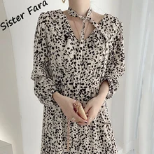

Sister Fara Leopard Print Dresses for Women's Spring Chic V-Neck Split Dress Autumn Female High Waist Lace Up Loose Midi Dresses