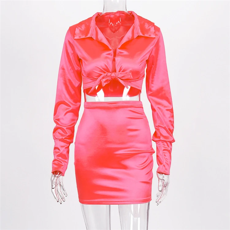 A120172 newest turn-down collar long sleeve tying deep v neck skirt set women pant two piece sets clothing