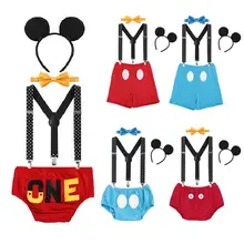 Детский наряд для дня рождения, комплект одежды с милым рисунком «Микки Маус» Мышь костюм для Cake Smash с буквенным принтом штаны с подтяжками, шорты для маленьких мальчиков и девочек Подставки для фотографий
