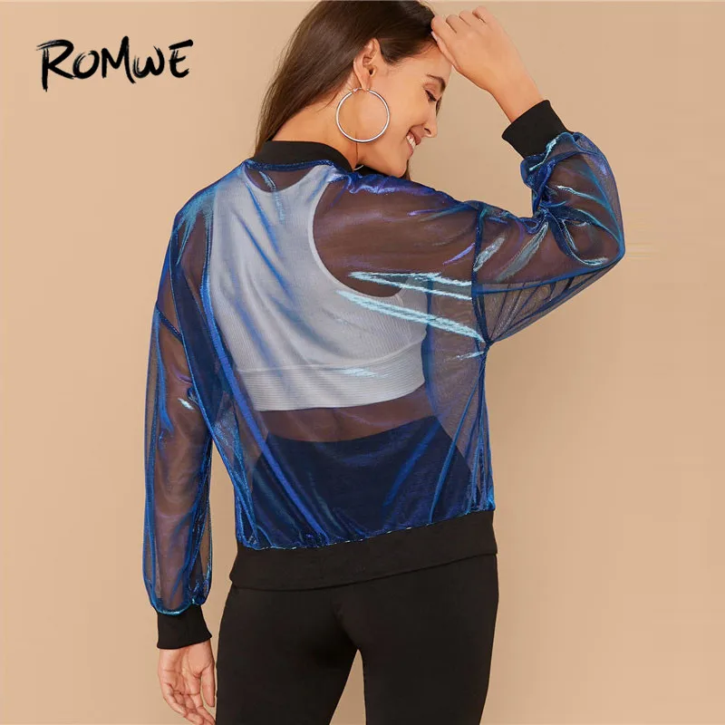 lower price  ROMWE Zip Front Sheer Mesh Bomber Jacket Women Blue Stand Collar Sexy Highstreet Fall Jacket Sheer 