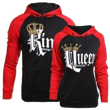 

KING Queen Crown Print Unisex Men Women Autumn Hoodies Slim Sweatshirt for Couple Lovers Light Patchwork Hooded Pullovers