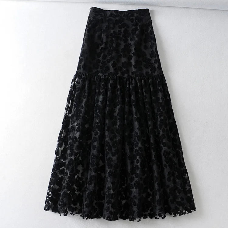 Женская стильная сетчатая юбка с боковой молнией, Стильная черная юбка с цветочным узором, женские длинные юбки до щиколотки, mujer saia