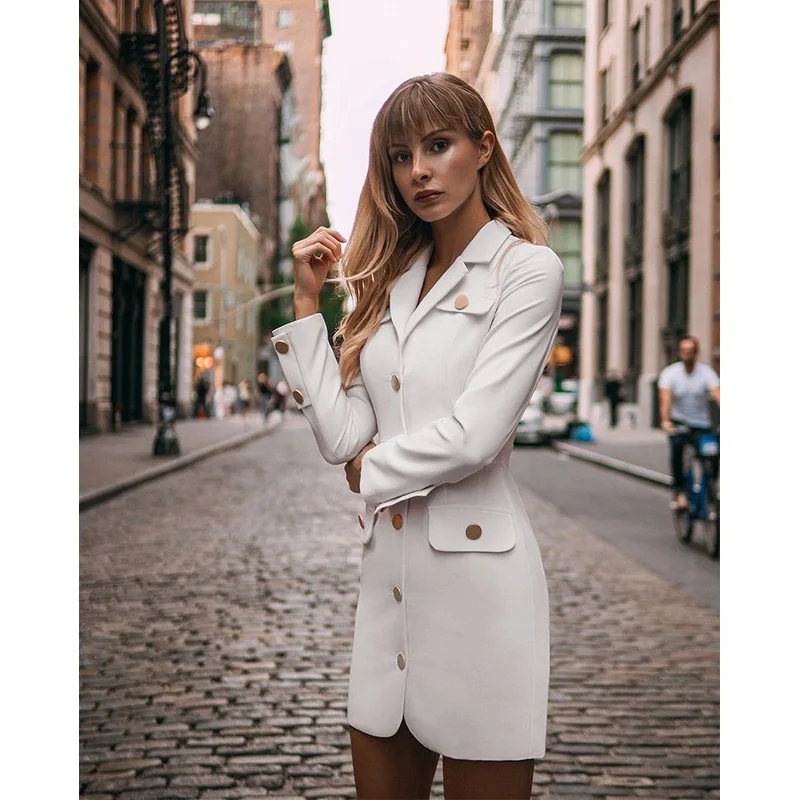 

Elegant White Shirt Dress Women Autumn Long Sleeve Casual Button Fake pocket Tunic Sexy Mini Dresses
