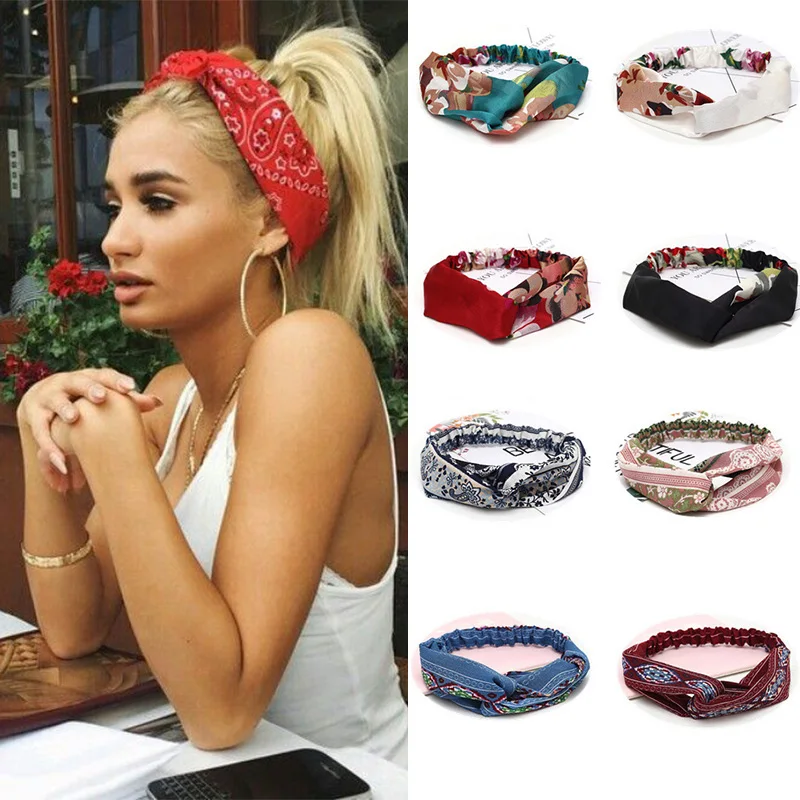 

Women Chiffon Silk Headband New Bohemian Cross Elastic Hair Band For Ladies Headband Hair Accessories Sports Wash Headwear