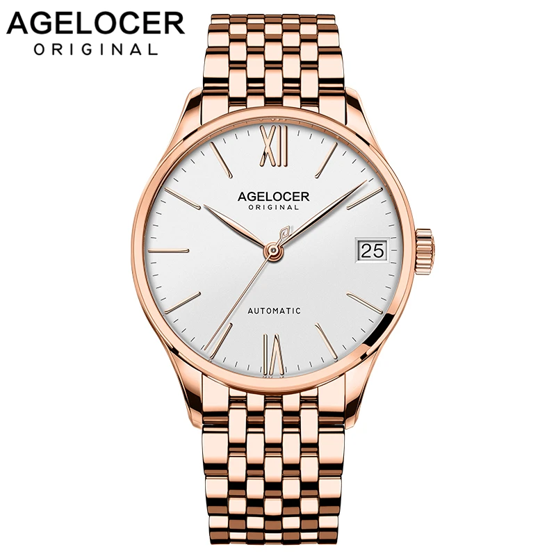 Agelocer Luxury Dress Watch Mechanical Automatic Watch Brands With Date Gold Rose Power Reserve Waterproof Wrist Watch 7073D9 - Цвет: 7071D9