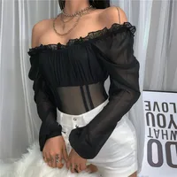 Autumn Sexy Solid Color Slash Neck Long Sleeve Patchwork Mesh Bottoming Shirt Ruffles One Piece Skinny Bodysuits
