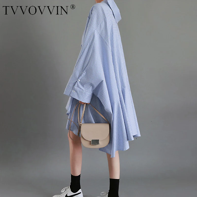 TVVOVVIN Новая мода женское платье-вниз воротники ассиметричная stilped Свободные флисовые рукава длинный рукав Большая рубашка C075