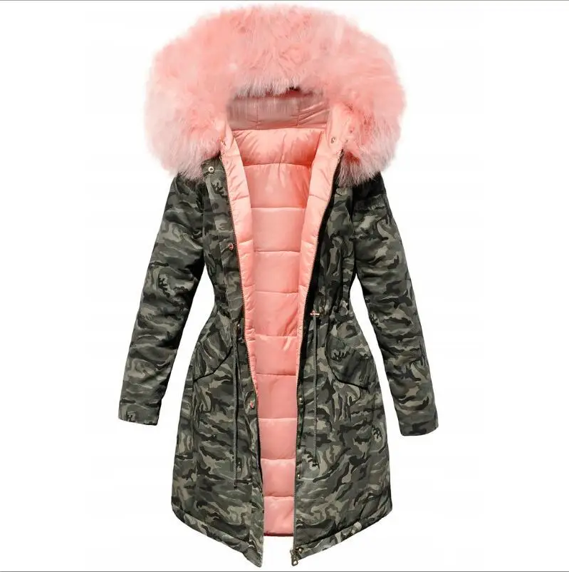 Pink Модные розовые строчки камуфляжные парки с капюшоном Длинная хлопковая куртка пальто женское - Цвет: Pink