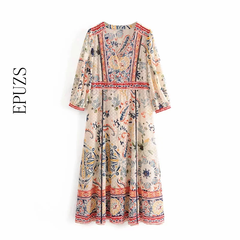 autumn Vintage boho floral print maxi dress women long sleeve casual ...