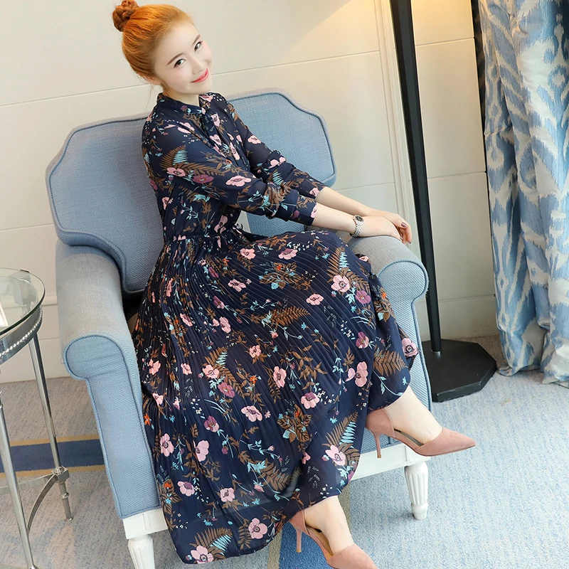 

New Floral Print Pleated Dress Spring Autumn Women Stand Collar Long Sleeved Blue Flower Printed Long Chiffon Dresses