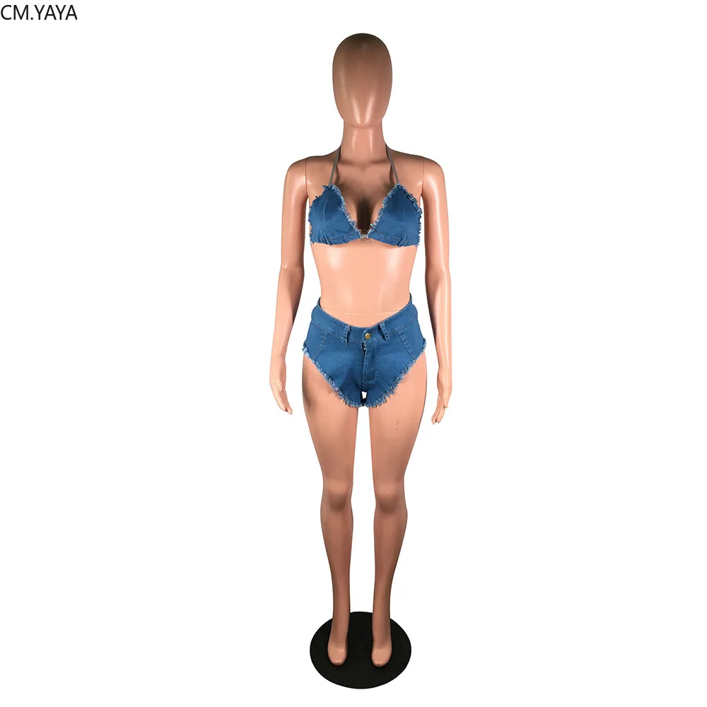 Женский однотонный комплект бикини CM.YAYA из джинсовой ткани короткий топ и шорты