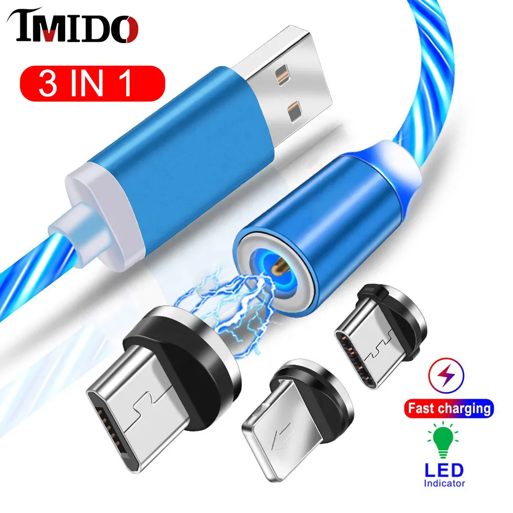 

3 IN 1 LED Flowing Magnetic Micro Usb Charger Cable Luminous Usb Type C Cable for Samsung S9 Plus iphone 5s 6 7 8 Oneplus 7 pro