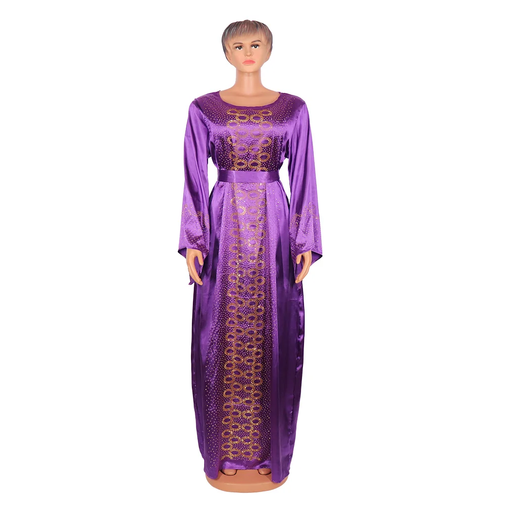 African Woman Dress Solid Color Hot Fix synthetic diamond  Polyester Rayon Loose Plus Size Fashion Folk Style Long Robe