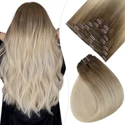 POPUKAR Clip in Human Hair Extensions Ombre Balayage Clip in Extensions Natural Remy Hair Double Weft Dark Brown Fading to Light