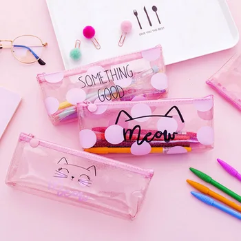 

Cute Cat Pencil Cases For Girls Pink PVC Transparent Pen Bag School Supplies Stationery Pouch Cute Pencil Box