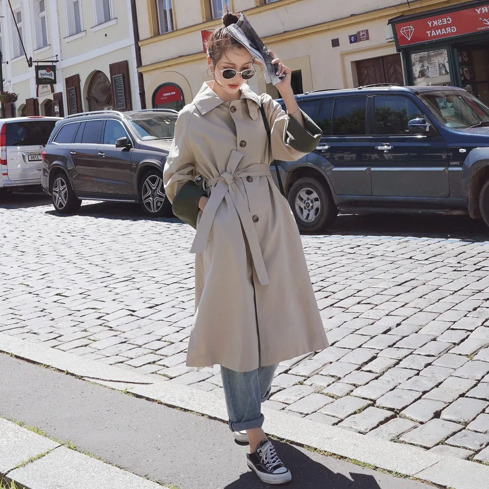 

Photo Shoot 2019 Autumn New Style Korean-style WOMEN'S Wear French Retro CHIC-Style Joint Contrast Color Joint Mid-length Trench