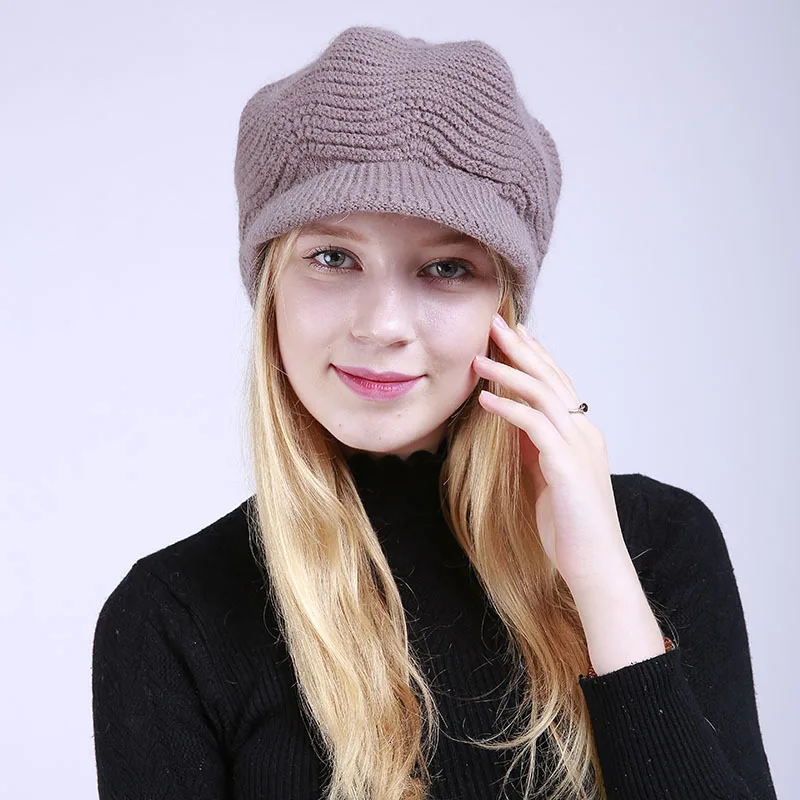 Winter Solid Color Increase Down Keep Warm Ma'am Peaked Cap Knitting Soft Rabbit's Hair Line Hats