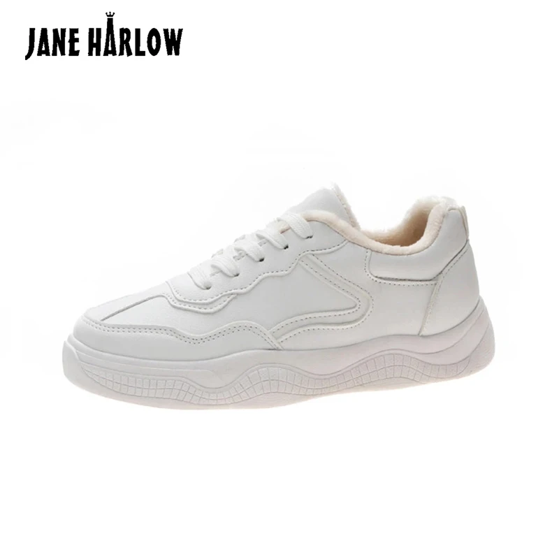 White plus velvet Женская спортивная обувь; сезон осень-зима; белые тонкие туфли; модная женская обувь на шнуровке; бархатная повседневная женская спортивная обувь - Цвет: White plus velvet