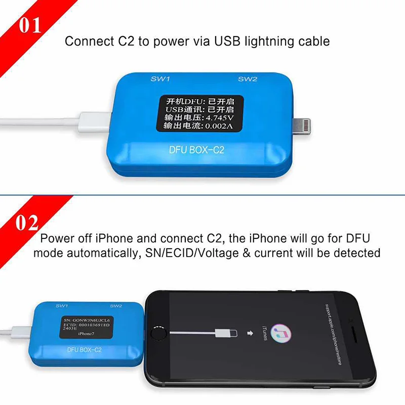 JC DFU BOX-C2 4 в 1 iPhone восстановление программиста один ботинок с пуговицей линии управления SN/ECID считыватель USB ток/детектор напряжения JC C2