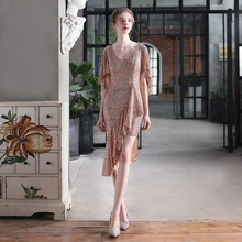 2022 Vintage krótka sukienka na studniówkę es Vestido De Festa sukienka na formalną imprezę suknie dla kobiet róża do kolan złota cekinowa sukienka na studniówkę