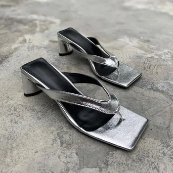 

White black silver pink flip-flops 7cm heels sandals slippers women high heels flip flops square toe slides party shoes new 2020