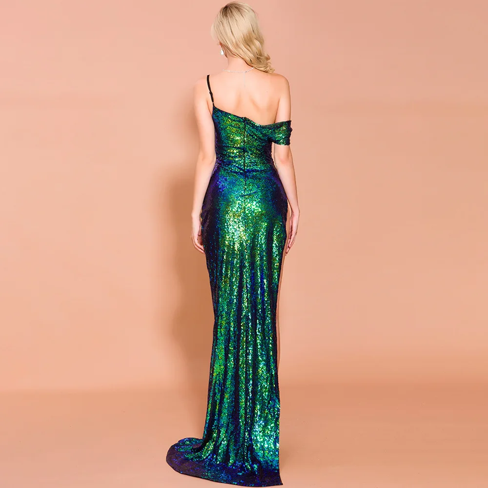 Зеленый сексуальный одно плечо Холтер блесток Trumpetmermaid Bodycon банкет Длинное Макси платье размера плюс S-XL