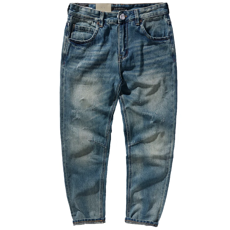 2021 Autumn and Winter American Retro Heavyweight Jeans Men's Fashion 100% Cotton 3D Stitching Washed Old Casual Straight Jeans 5