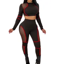 Женские разноцветные спортивные костюмы для йоги, женские сетчатые Топы с длинным рукавом и круглым вырезом+ длинные штаны, комплект спортивной одежды