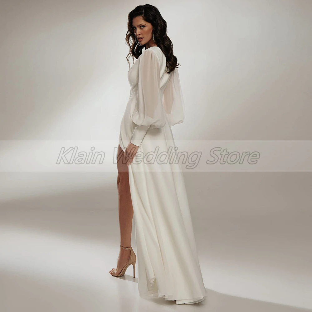 A-Line Bohemia White Wedding Dress 2022 Long Sleeve Sexy V-Neck Side Slit Floor Length Pleats Bridal Gowns for Bride 2