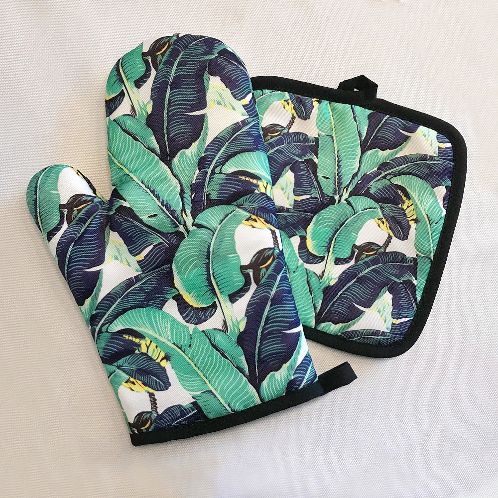 Kitchen Gloves Plant Pattern Polyester Oven Glove Heatproof Mitten Oven Mitts and Potholder Mat for Kitchen Retro pattern Insulated Gloves