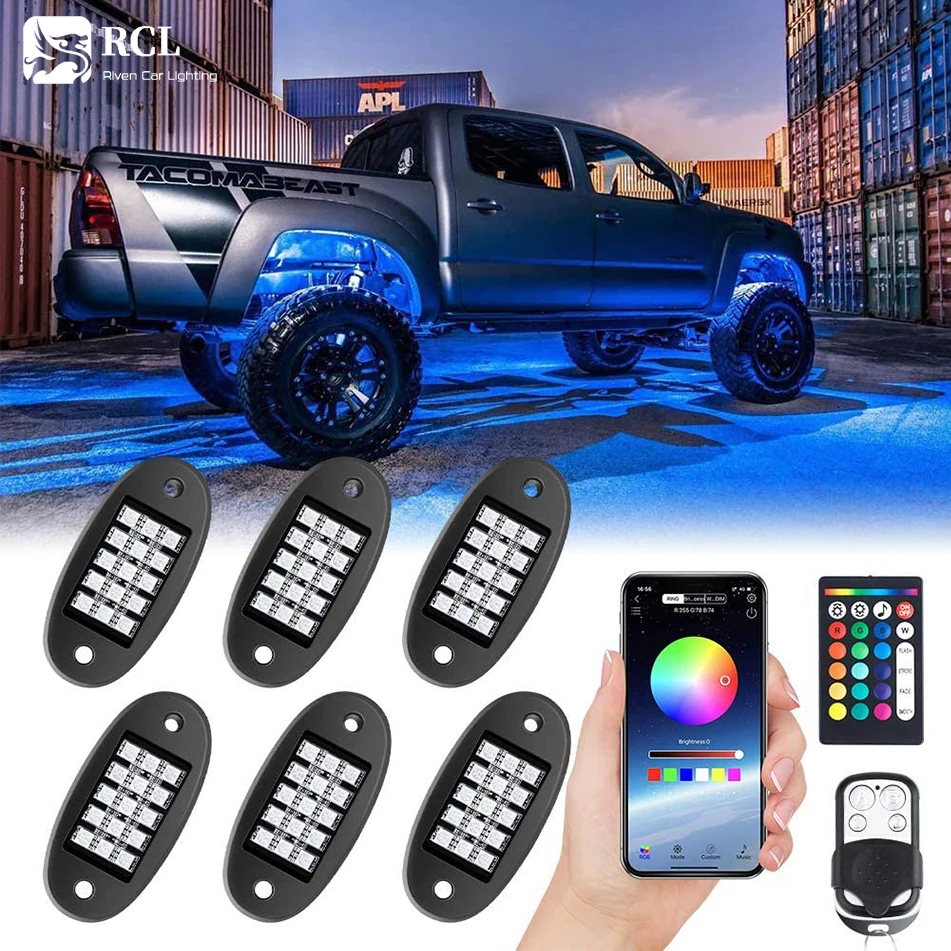 

RGB LED Rock Lights 6pcs LEDs Multicolor Neon Underglow Waterproof Music Lighting Chassis Atmosphere Light for Jeep Car ATV SUV