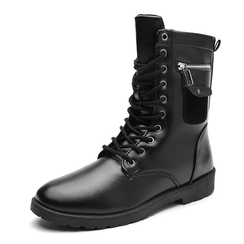 Winter Men Motorcycle Boots Fashion Mid-Calf Punk Rock Punk Shoes Mens BootsLeather Black High top Casual Boot Man