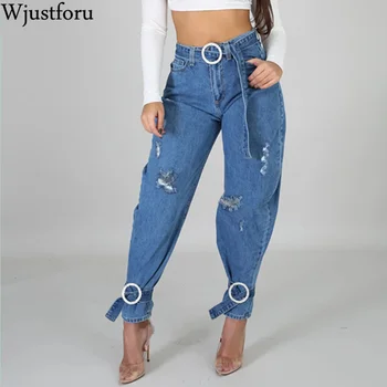 

Wjustforu Casual Ripped Bandage Jeans For Women Fashion Elegant Hole Denim Pants Female Winter Straight Jean Pants Vestidos