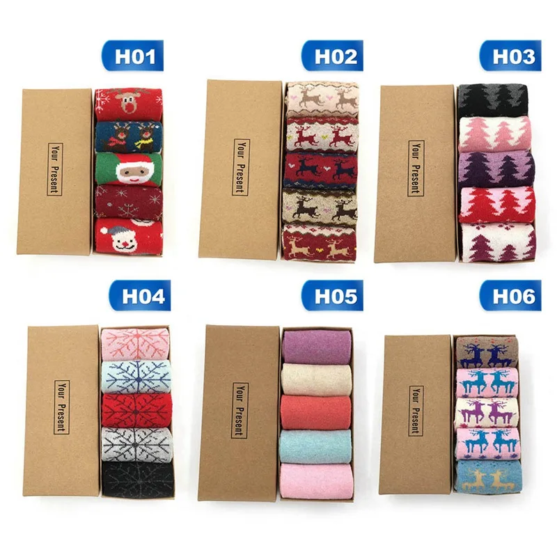 Retro Thickening Women Socks Autumn Winter Rabbit Wool Patchwork Socks Female Christmas Series 5 Colors Mid Tube Socks Gift Box